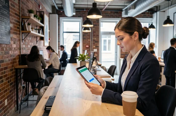 Jeune professionnelle accédant à son compte Mypeopledoc sur tablette dans un espace de coworking