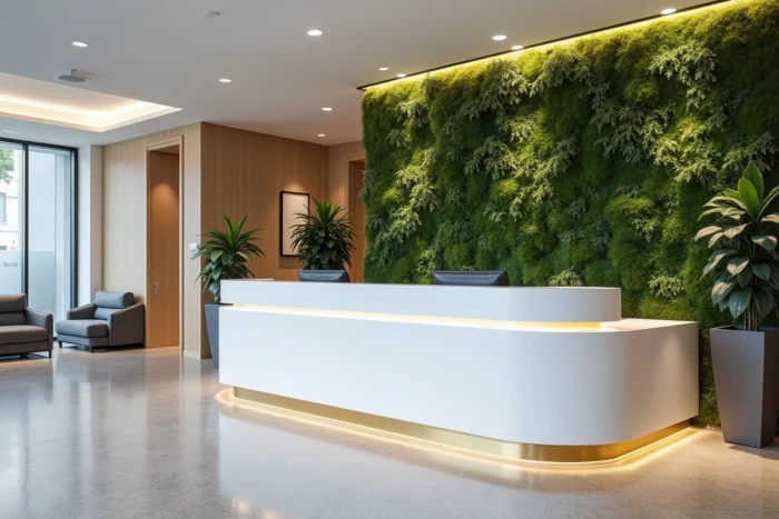 Accueil professionnel moderne avec comptoir laqué blanc, mur végétal en mousse preservée et zone d'attente avec banquettes grises dans un cadre d'entreprise contemporain