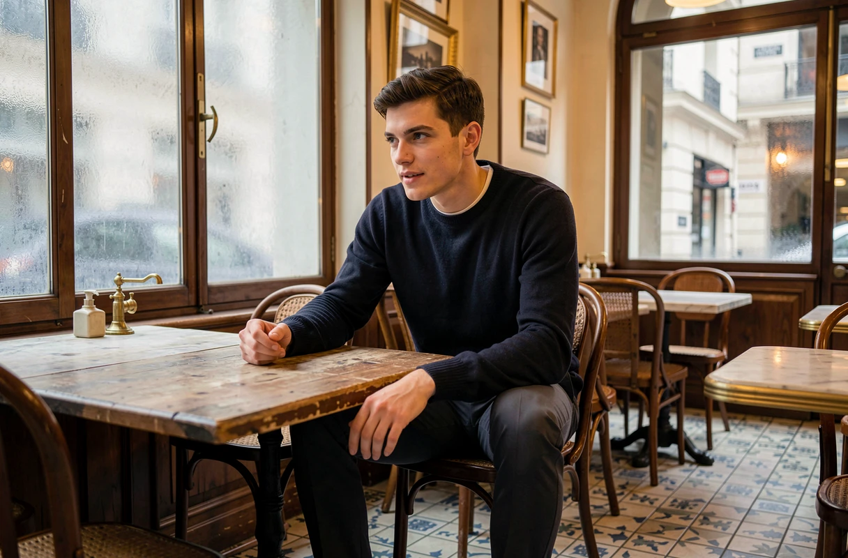 Acteur de cinéma français en entretien dans un café parisien authentique, ambiance feutrée et décor traditionnel avec carrelage et vitrages dépolis