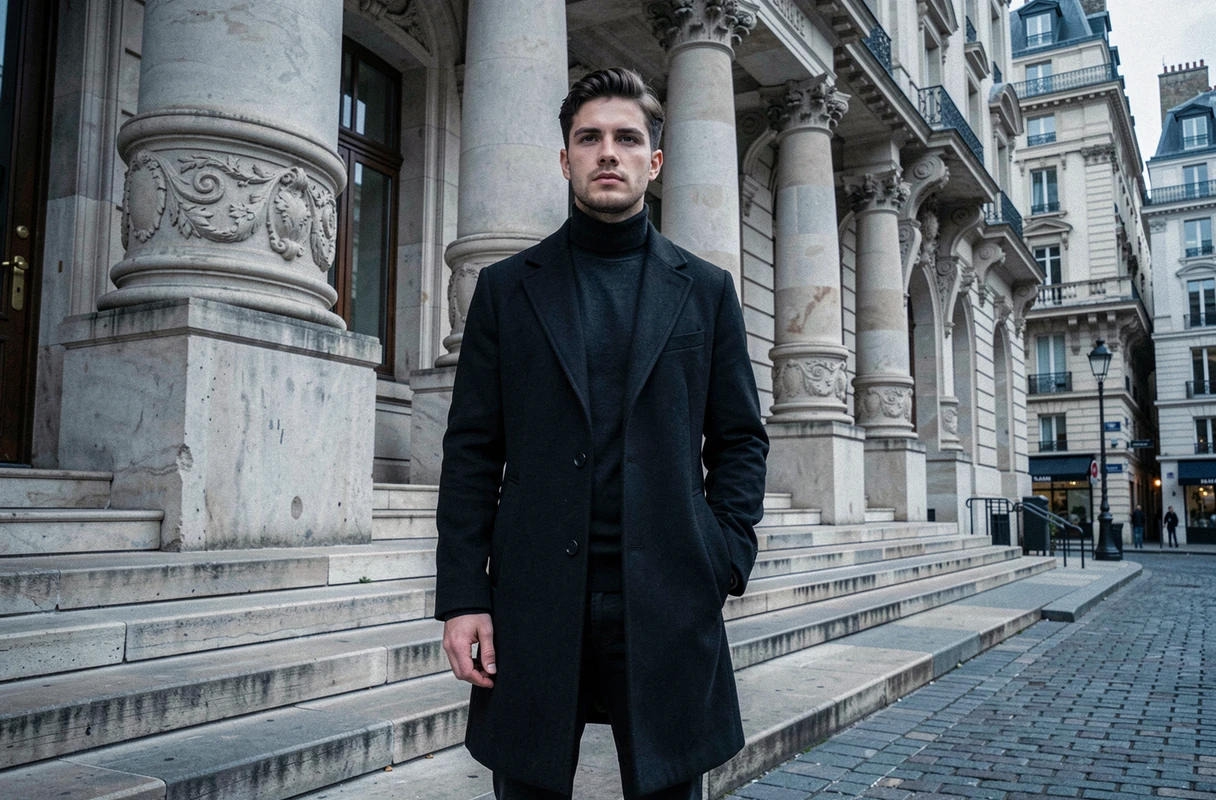 Acteur français du cinéma contemporain devant un théâtre parisien classique, manteau noir structuré et col roulé, architecture ornementée en arrière-plan