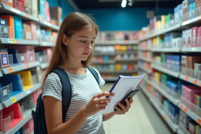 Adolescente en papeterie consultant sa liste scolaire et comparant avec une application mobile pour la rentrée
