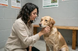 Femme adoptant un chien dans un refuge animalier, agenouillée et caressant un chien métis doré avec bienveillance