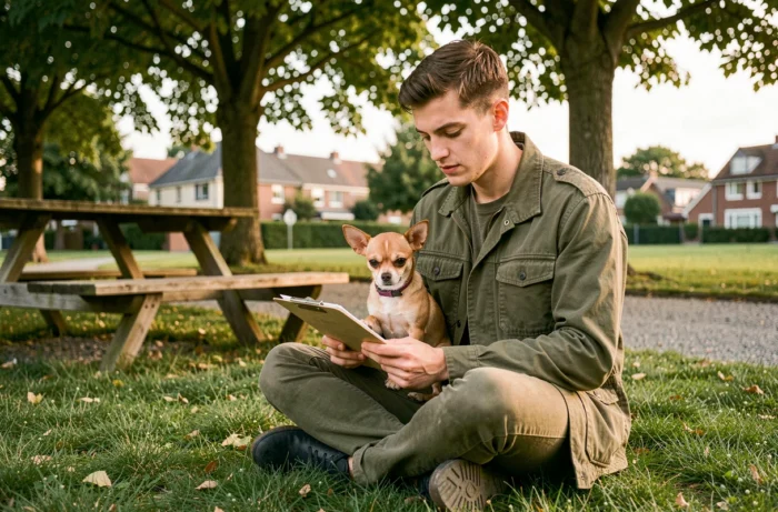 Jeune homme consultant les documents d'adoption d'un chihuahua dans un parc près de Langon