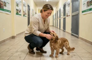 Femme adoptant un petit chien dans un refuge animalier près de Langon