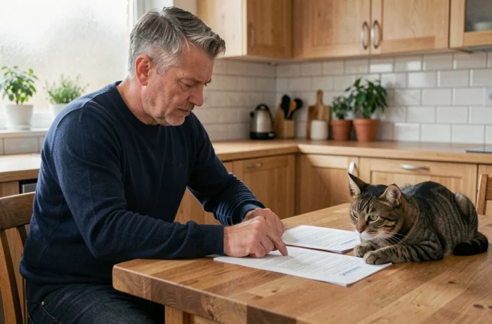 Homme responsable lisant les documents d'adoption d'un animal avec un chat tigré posé sur la table de cuisine