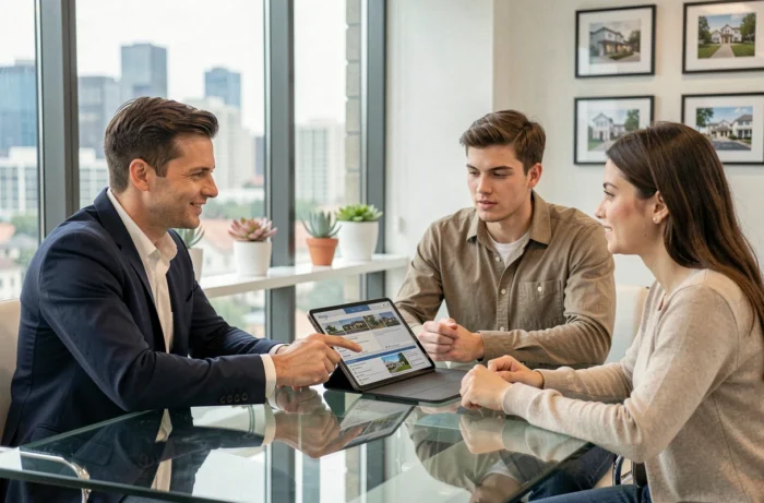 Immobilienmakler präsentiert Immobilienanzeigen einem Paar in einer modernen Agentur