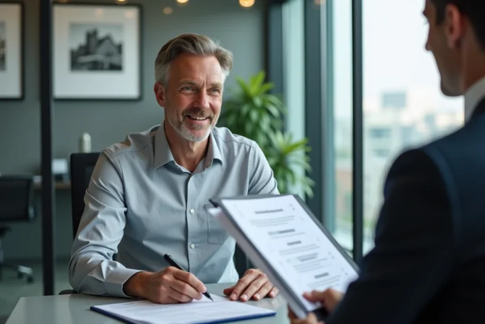Agent immobilier présentant un dossier de candidature bien structuré à un client dans une agence immobilière professionnelle