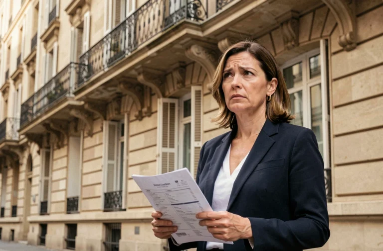 Agente immobilière devant un immeuble haussmannien à Paris, tenant une fiche de propriété, illustrant les tensions du marché immobilier français en 2024
