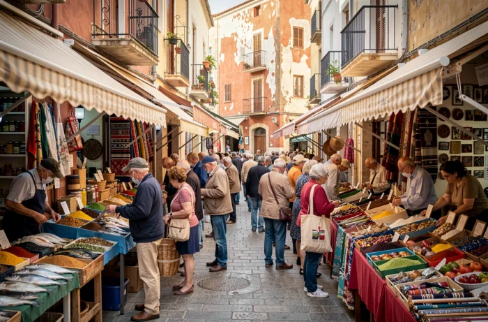 Vue large et animée du marché en plein air de Porto Torres avec des étals colorés et des habitants en train de faire leurs courses dans une ruelle typique