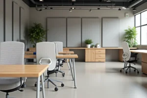Espace de bureau moderne aménagé avec des postes de travail ergonomiques en bois clair, des chaises en maille blanche et des panneaux acoustiques gris pour un environnement professionnel confortable