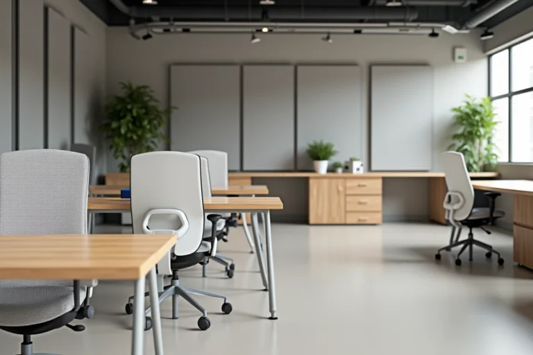 Espace de bureau moderne aménagé avec des postes de travail ergonomiques en bois clair, des chaises en maille blanche et des panneaux acoustiques gris pour un environnement professionnel confortable