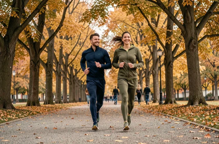 Deux amis faisant du jogging ensemble dans un parc urbain en automne pour améliorer leur santé et leur bien-être
