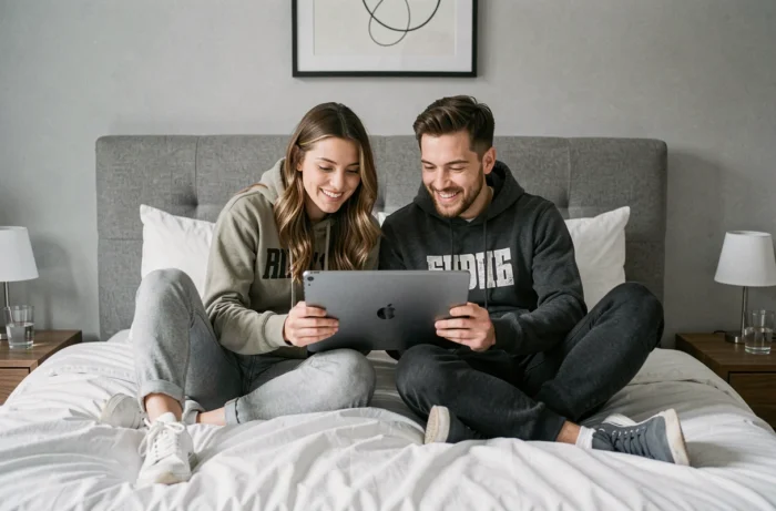 Due amici consultano un tablet per trovare alternative di streaming di film e serie in una camera moderna