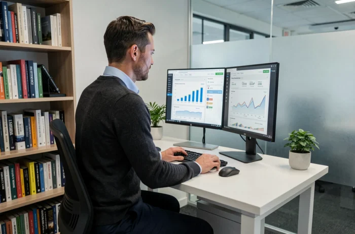 Imprenditore che analizza dati di marketing B2B su cruscotti digitali in un ufficio pulito e minimalista