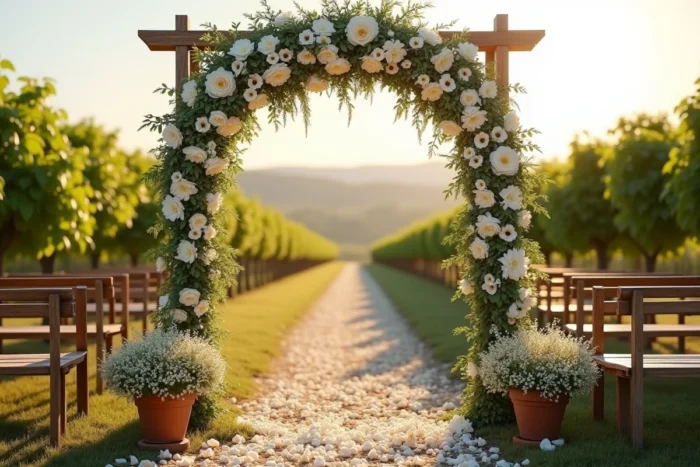 Arche de cérémonie de mariage en plein air décorée de roses blanches, d'anémones et de jasmin dans un vignoble avec des bancs en bois et des allées de pétales