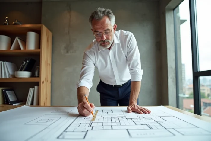 Architecte professionnel calculant les unités de passage en ERP sur des plans d'accessibilité dans un studio moderne