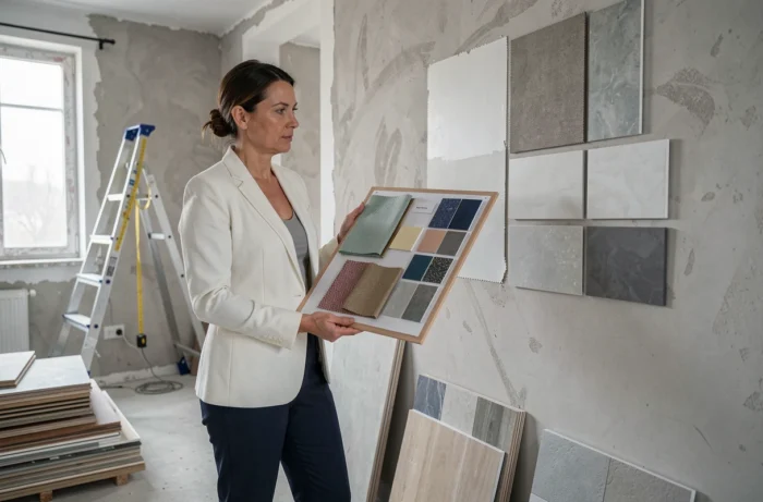 Architecte d'intérieur en formation CNED évaluant des matériaux et échantillons dans un espace en cours de rénovation
