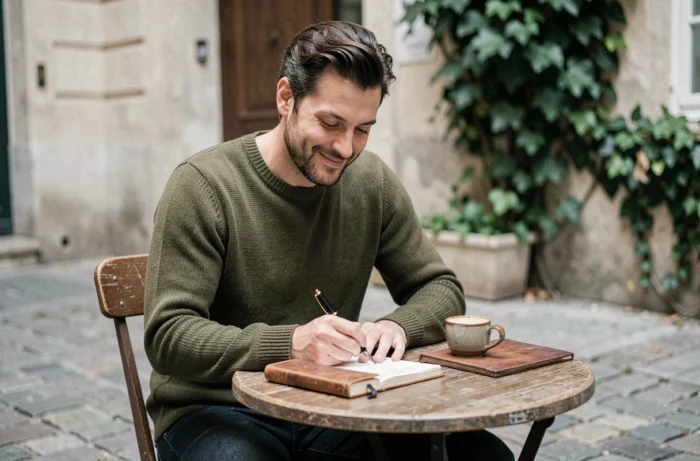 Artiste lyrique écrivant dans un carnet dans une cour parisienne pavée avec un café espresso, moment de réflexion personnelle