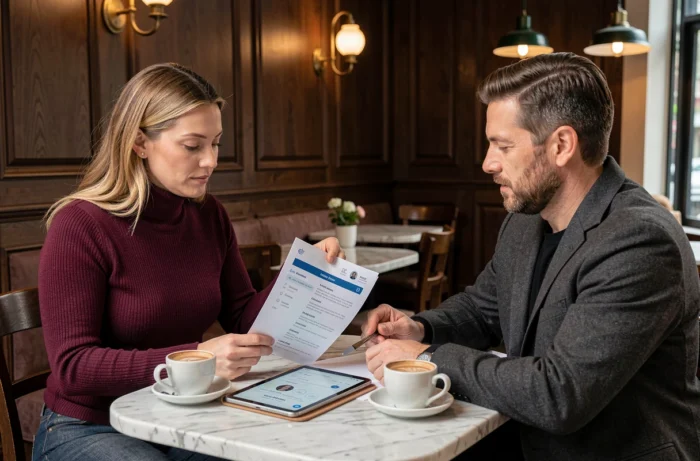 Deux associés en réunion dans un café discutant d'une liste d'adresses professionnelles pour développer leur réseau business