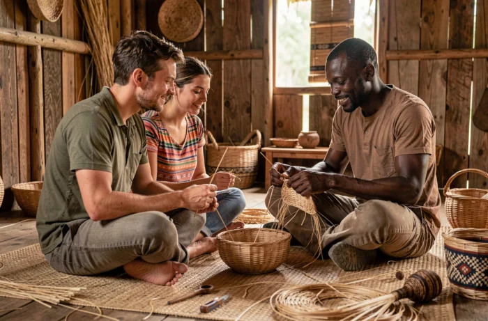 Voyageurs participant à un atelier d'artisanat traditionnel avec un artisan local en Afrique de l'Est