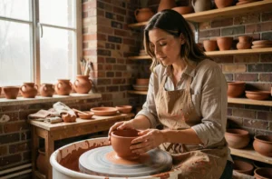 Femme adulte modelant de la poterie dans un atelier artisanal en briques, activité créative et loisir manuel