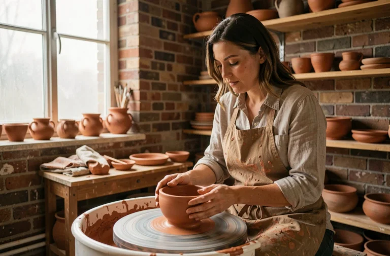 Femme adulte modelant de la poterie dans un atelier artisanal en briques, activité créative et loisir manuel