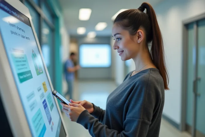 Patiente utilisant une borne automatique connectée pour récupérer une ordonnance dans un hôpital moderne