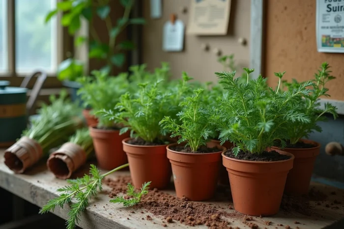 Boutures de tanaisie préparées dans des petits pots en terre cuite sur un établi de serre