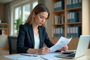 Professionnelle en blazer consultant des fiches de paie et utilisant une calculatrice pour calculer son salaire net selon la convention collective 66