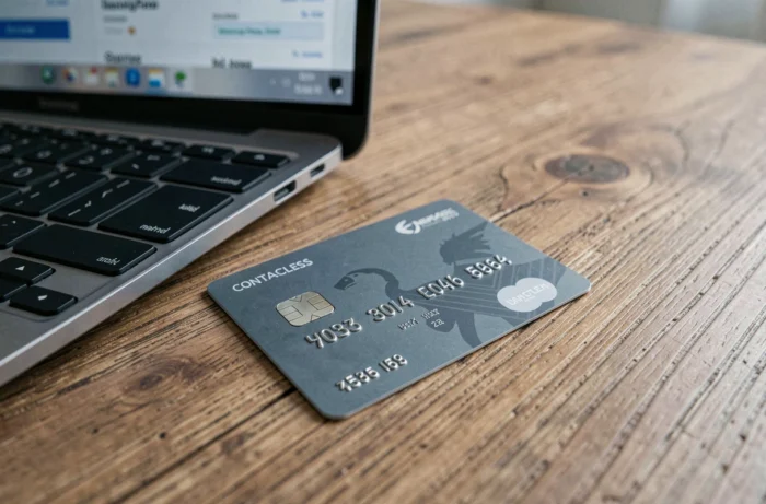 Carte bancaire posée sur un bureau à côté d'un ordinateur portable illustrant la gestion en ligne du verrouillage temporaire