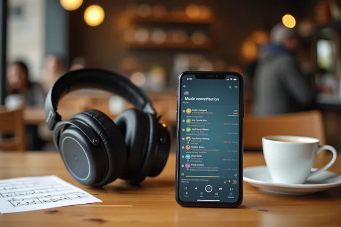 Casque audio et smartphone affichant une interface de conversion de fichiers musicaux posés sur une table de café en bois