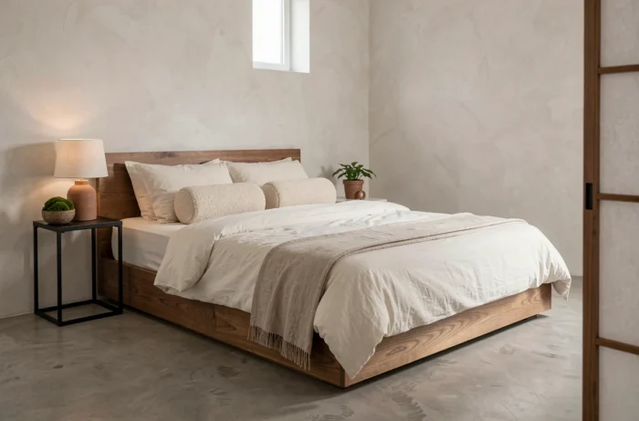 Camera japandi essenziale con letto basso in noce, biancheria da letto in cotone biologico e pareti in calce bianca — tendenze decorazione camera interna 2024