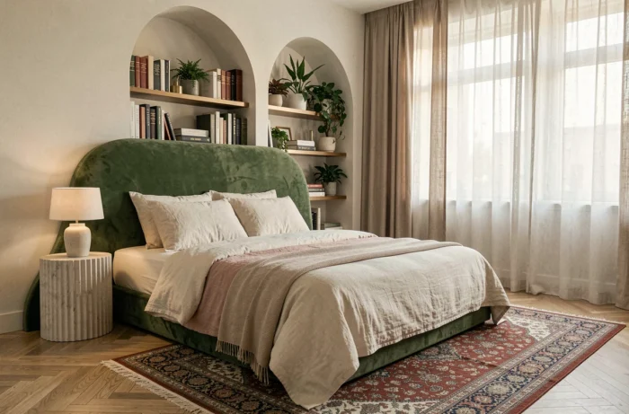 Camera da letto lussuosa con testata del letto in velluto verde, biancheria in lino avorio e mensole in gesso scanalato tendenza 2024