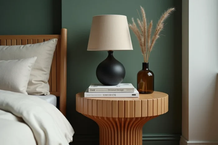 Coin chambre tendance avec table de chevet en chêne cannelé, mur vert sauge et accessoires déco minimalistes