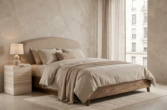 Calming bedroom with a walnut platform bed, upholstered linen headboard, travertine bedside table, and a clay-toned wall with a lime finish