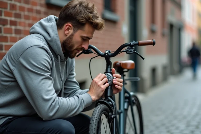 Homme changeant le code de son antivol vélo à combinaison dans une rue pavée urbaine