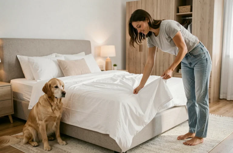 Femme changeant les draps d'un lit après le vermifugation de son chien golden retriever dans une chambre moderne