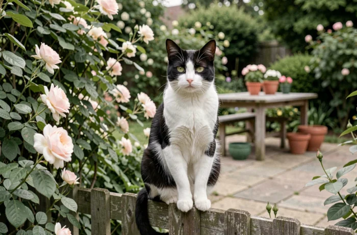 Zwart-witte kat zittend op een houten hek, kijkend naar een woonwijk, met een nieuwsgierige en aandachtige blik