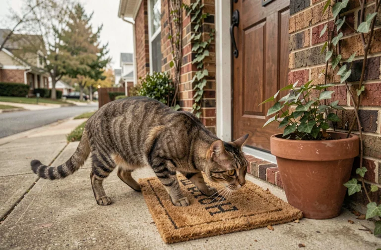 Chat tigré inconnu qui s'approche prudemment de l'entrée d'une maison, curieux et méfiant sur le pas de la porte