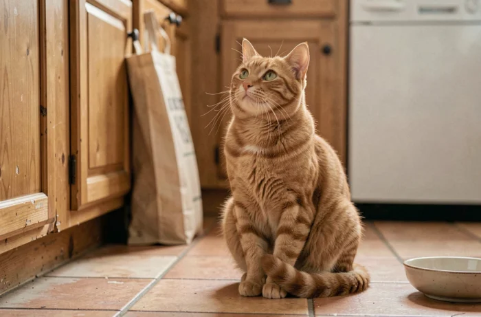 Onbekende rode kat zittend op de tegelvloer van een gezinskeuken, met een nieuwsgierige blik omhoog naar zijn onvrijwillige gastheer