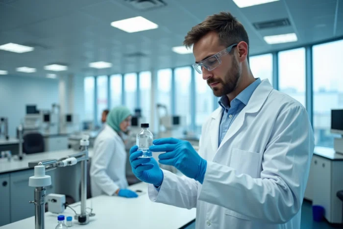 Chercheur pharmaceutique manipulant un échantillon dans un laboratoire high-tech de développement de médicaments