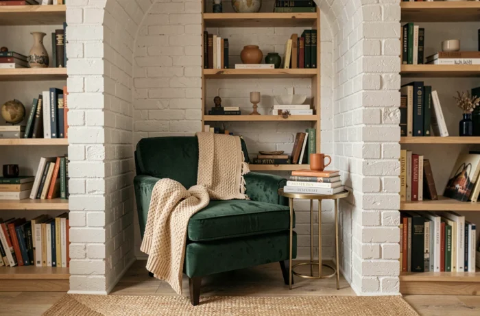 Angolo lettura accogliente con poltrona in velluto verde smeraldo, tavolo in ottone e libreria integrata in legno