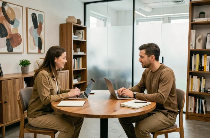 Two professionals collaborating on the latest news and tools from D'clic Lab in a modern coworking space