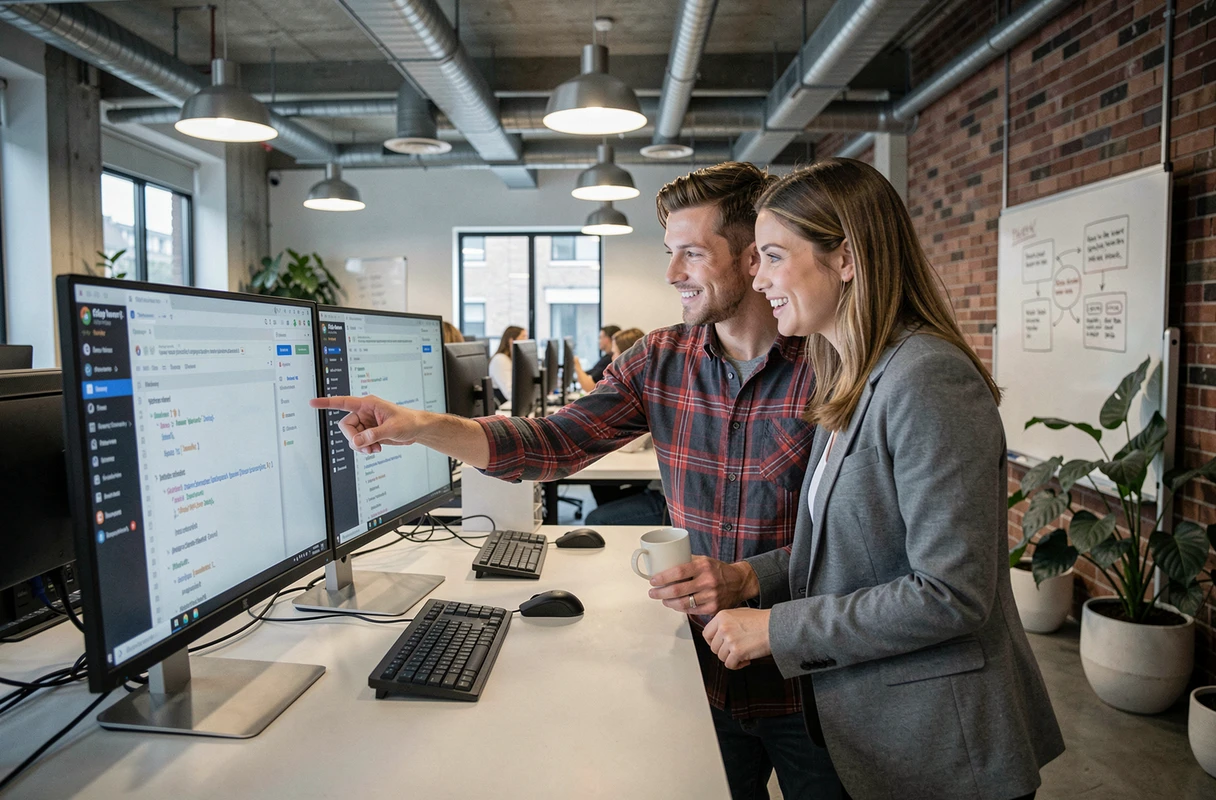 Deux professionnels geek explorant des ressources web et outils numériques sur des écrans dans un espace de coworking