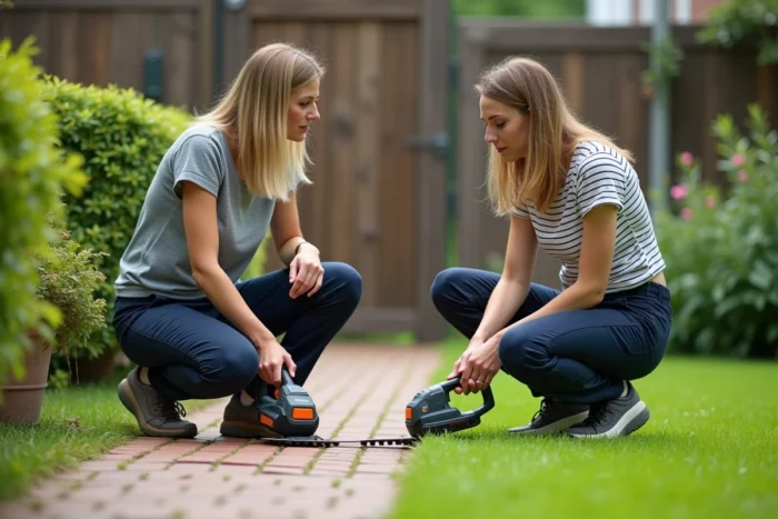 Femme comparant deux modèles de taille-bordure côte à côte dans un jardin avec allée en brique