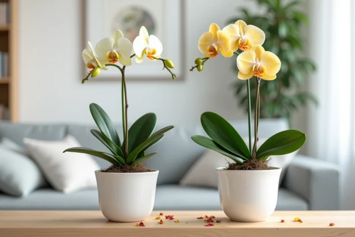 Comparaison entre une orchidée saine à tige verte et une orchidée avec tige jaunie sur une étagère en bois clair