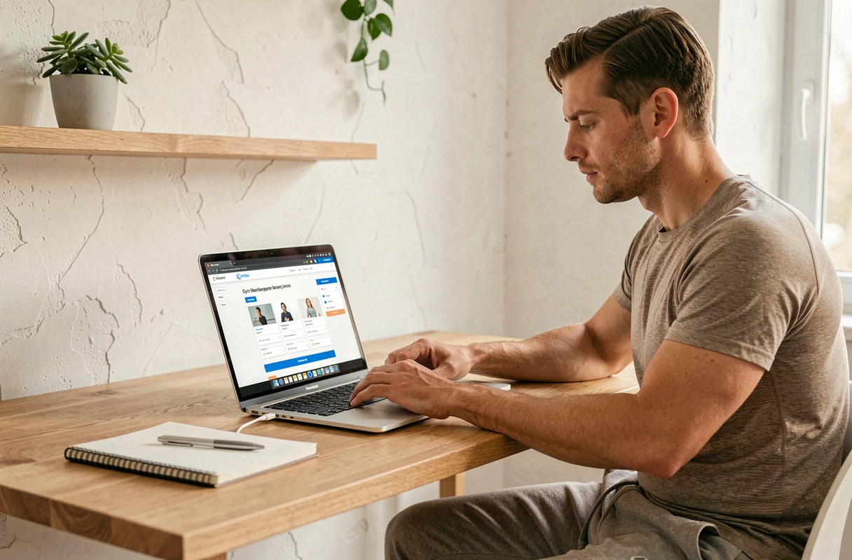 Homme comparant les abonnements et prix Basic Fit sur un ordinateur portable depuis son domicile