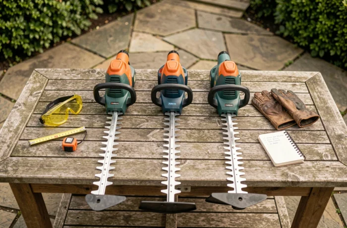Comparison of three models of electric hedge trimmers placed on a garden table with accessories