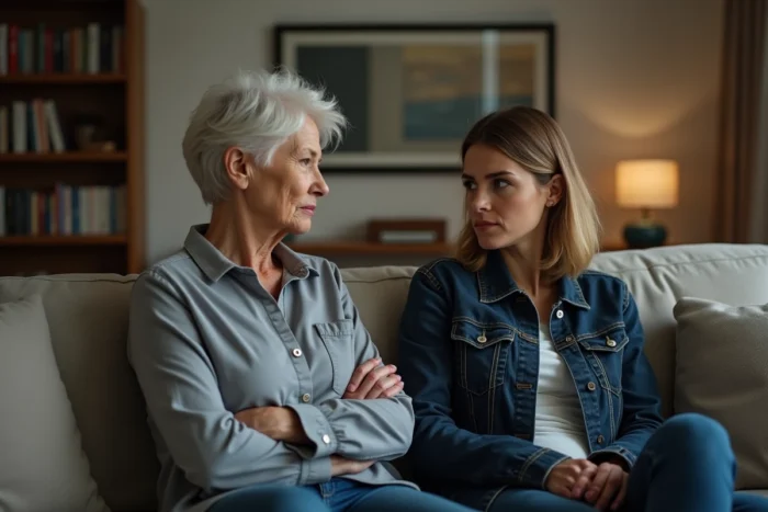 Mère et fille adulte assises face à face sur un canapé dans un salon, avec une tension émotionnelle palpable entre elles, illustrant un conflit générationnel et les reproches dans la relation mère-fille