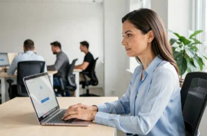 Femme professionnelle connectée à son espace personnel Mypeopledoc sur un ordinateur portable au bureau